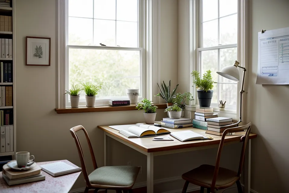 Cuaderno de reset mental con solo tres tareas frente a una mesa llena de pendientes sueltos