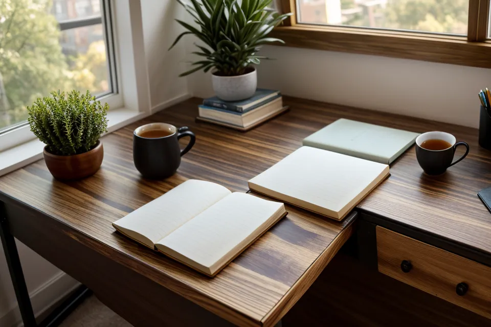 Libreta cerrada junto a una taza en una mesa al atardecer