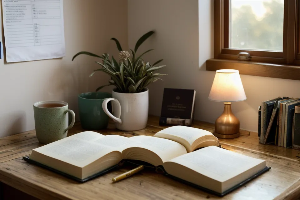 Manos de una maestra sobre un cuaderno en blanco, buscando concentración docente para planificar clases de primaria junto al libro de texto.